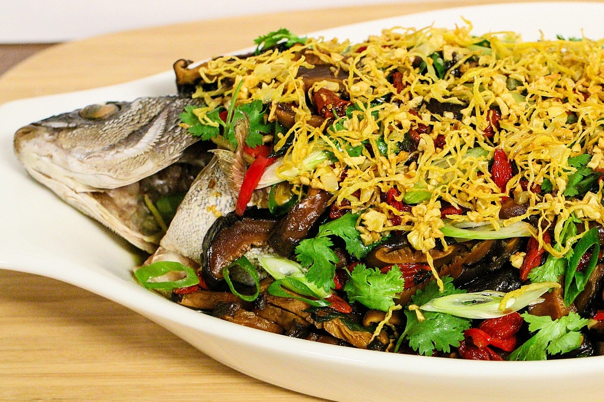 Steamed Whole Fish with Shiitake Mushrooms & Goji Berries Gluten Free